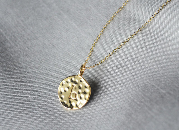 Valentine's Day Necklace, Hammered Letter Disc Necklace, Gold Initial Necklace, Gift for Her, Gift for Wife, Girlfriend Gift, Gift for Mom