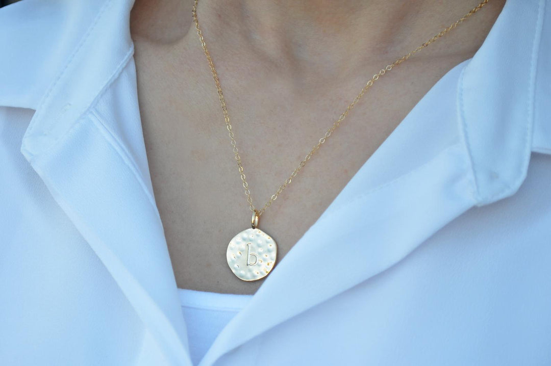 Valentine's Day Necklace, Hammered Letter Disc Necklace, Gold Initial Necklace, Gift for Her, Gift for Wife, Girlfriend Gift, Gift for Mom