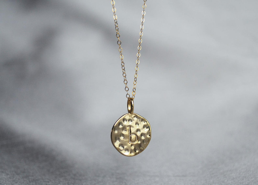 Valentine's Day Necklace, Hammered Letter Disc Necklace, Gold Initial Necklace, Gift for Her, Gift for Wife, Girlfriend Gift, Gift for Mom