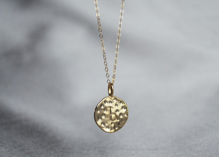 Valentine's Day Necklace, Hammered Letter Disc Necklace, Gold Initial Necklace, Gift for Her, Gift for Wife, Girlfriend Gift, Gift for Mom