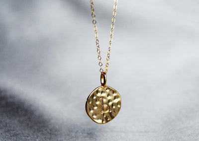 Valentine's Day Necklace, Hammered Letter Disc Necklace, Gold Initial Necklace, Gift for Her, Gift for Wife, Girlfriend Gift, Gift for Mom