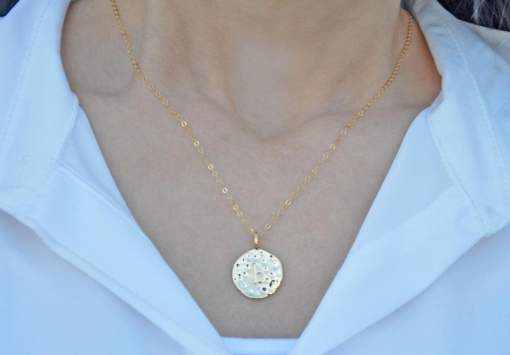 Valentine's Day Necklace, Hammered Letter Disc Necklace, Gold Initial Necklace, Gift for Her, Gift for Wife, Girlfriend Gift, Gift for Mom