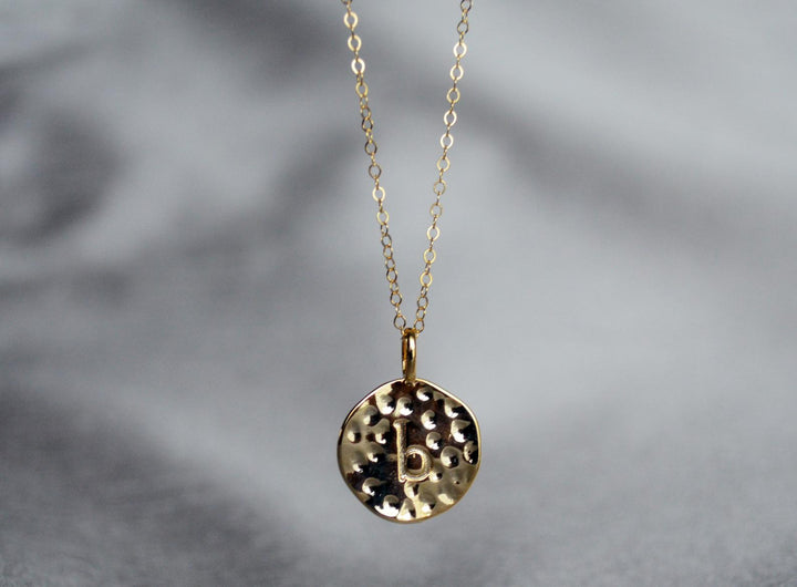Valentine's Day Necklace, Hammered Letter Disc Necklace, Gold Initial Necklace, Gift for Her, Gift for Wife, Girlfriend Gift, Gift for Mom