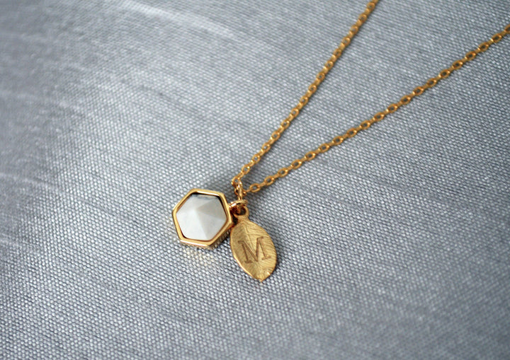 White Stone Necklace, Bridesmaid Necklace, Custom Initial Necklace, Leaf Necklace, Letter Necklace, Gift for her, Howlite Hexagon Necklace