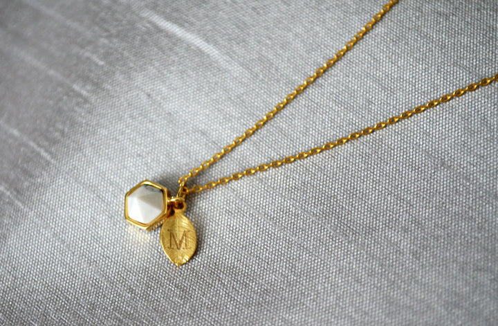 White Stone Necklace, Bridesmaid Necklace, Custom Initial Necklace, Leaf Necklace, Letter Necklace, Gift for her, Howlite Hexagon Necklace
