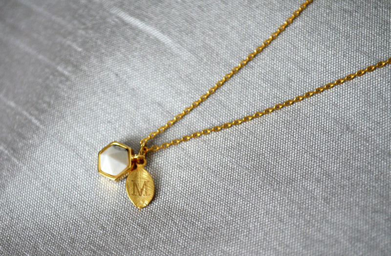 White Stone Necklace, Bridesmaid Necklace, Custom Initial Necklace, Leaf Necklace, Letter Necklace, Gift for her, Howlite Hexagon Necklace