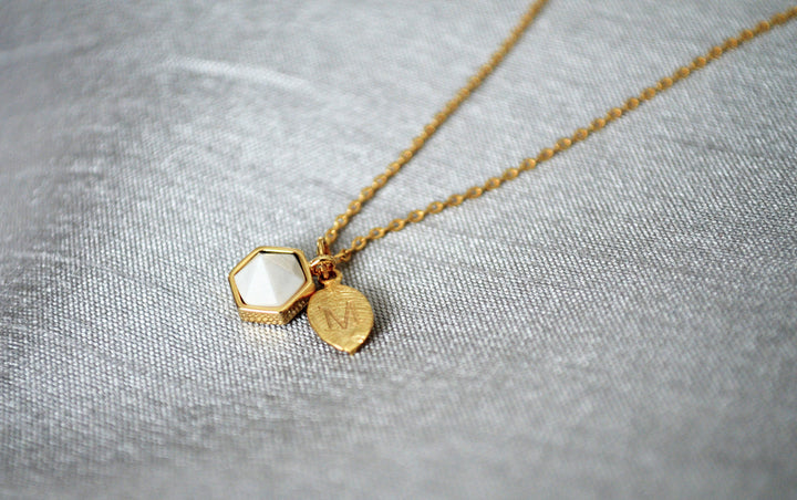 White Stone Necklace, Bridesmaid Necklace, Custom Initial Necklace, Leaf Necklace, Letter Necklace, Gift for her, Howlite Hexagon Necklace