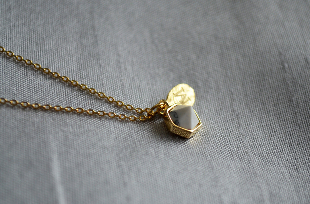 White Stone Necklace, Bridesmaid Necklace, Custom Initial Necklace, Leaf Necklace, Letter Necklace, Gift for her, Howlite Hexagon Necklace