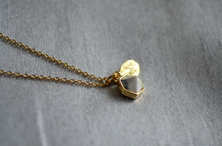 White Stone Necklace, Bridesmaid Necklace, Custom Initial Necklace, Leaf Necklace, Letter Necklace, Gift for her, Howlite Hexagon Necklace