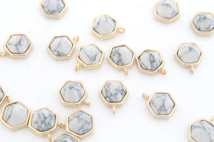 White Stone Necklace, Bridesmaid Necklace, Custom Initial Necklace, Leaf Necklace, Letter Necklace, Gift for her, Howlite Hexagon Necklace