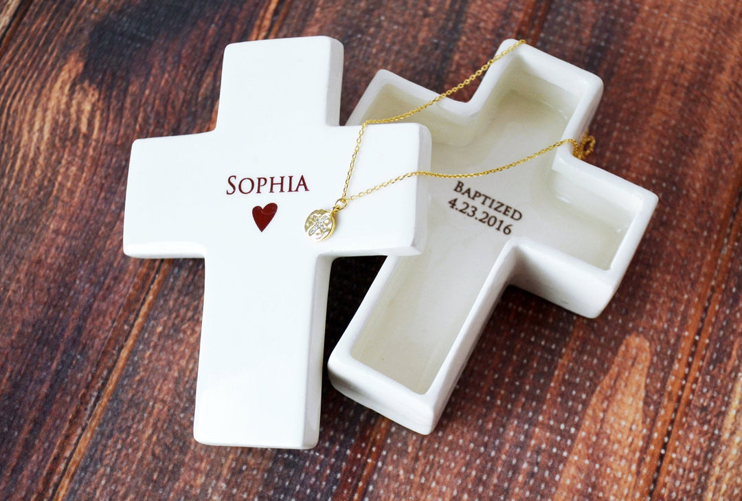 personalized baptism gift cross ceramic box with a gold necklace