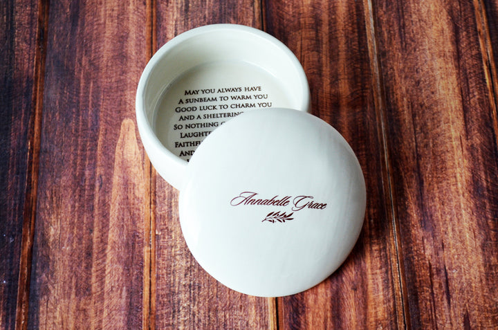 Baptism Gift, First Communion Gift or Confirmation Gift - With Irish Blessing - Script Font - Round Keepsake Box