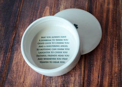 Baptism Gift, First Communion Gift or Confirmation Gift - READY TO SHIP - With Irish Blessing in Green - Round Keepsake Box