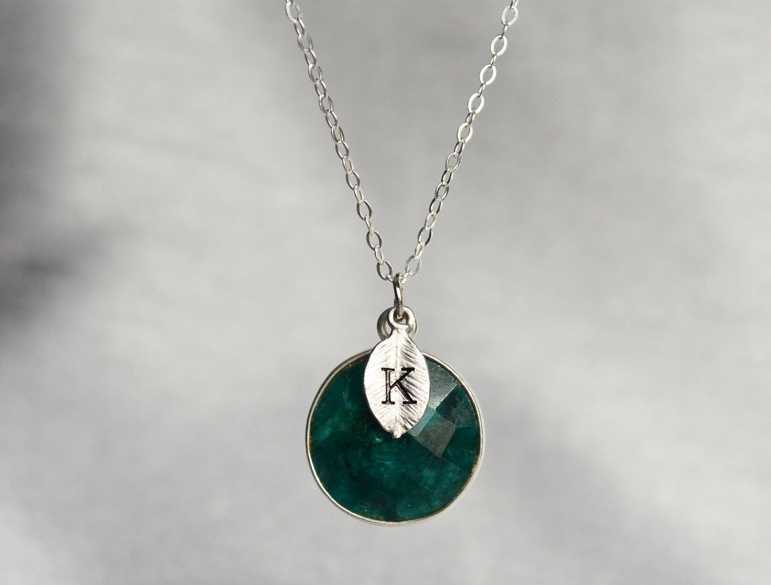 Emerald Necklace, May Birthstone Necklace, Sterling Silver or 18K Gold, Round Personalized Necklace, Bridesmaid Gift, Mom or Grandma Necklace