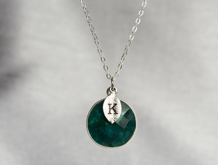 Emerald Necklace, May Birthstone Necklace, Sterling Silver or 18K Gold, Round Personalized Necklace, Bridesmaid Gift, Mom or Grandma Necklace