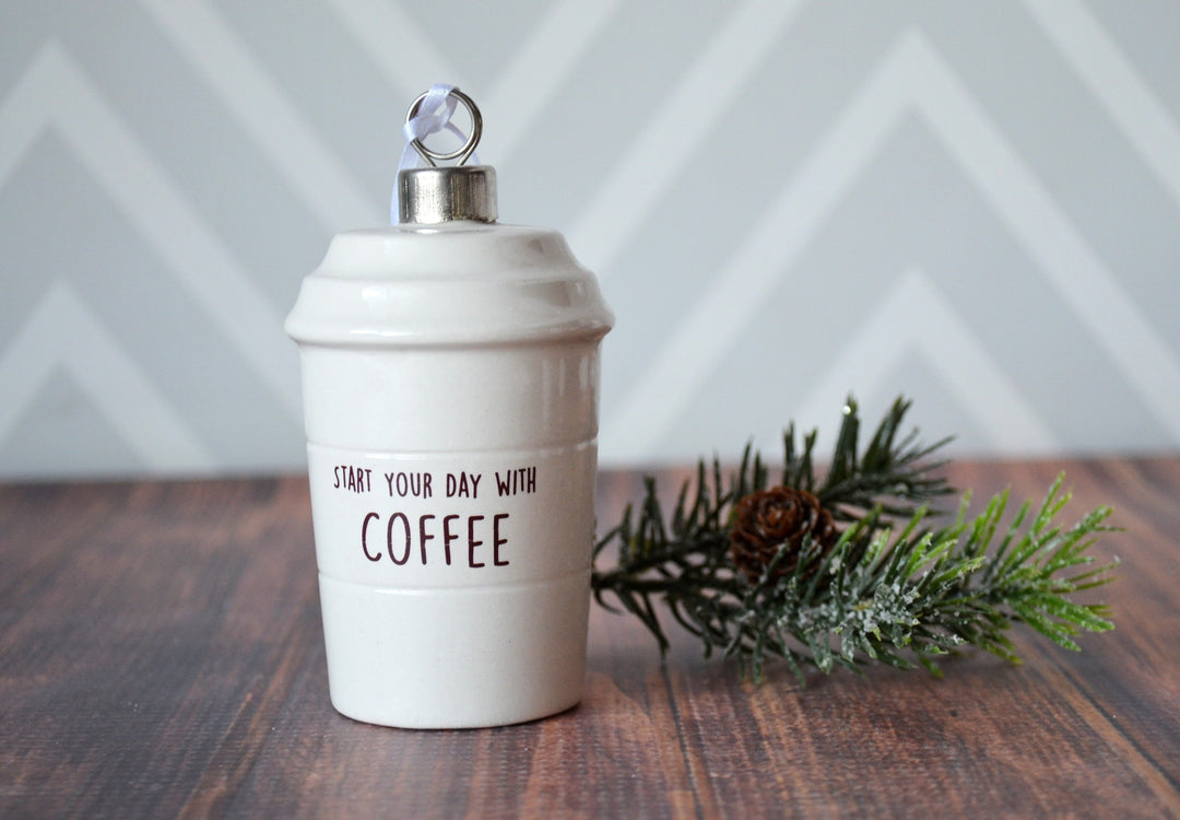 Coffee Mug Ornament - Start Your Day With Coffee - READY TO SHIP - End Your Day With Wine - Girlfriend Gifts, Funny Christmas Ornament