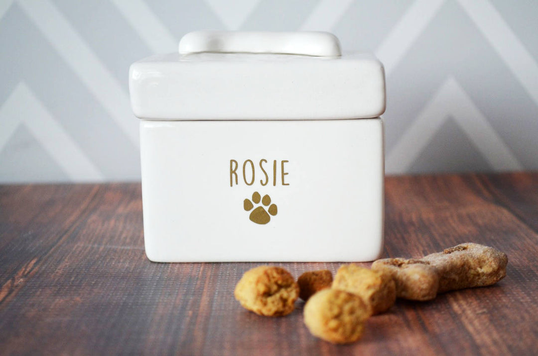 Personalized Dog Treat Jar, Dog Treat Container, Dog Gift - With Name in Gold or Silver