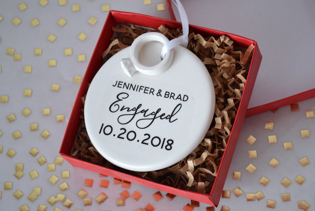 Engagement Ornament - Engagement Gift or Christmas Gift - With Names Date and Ring