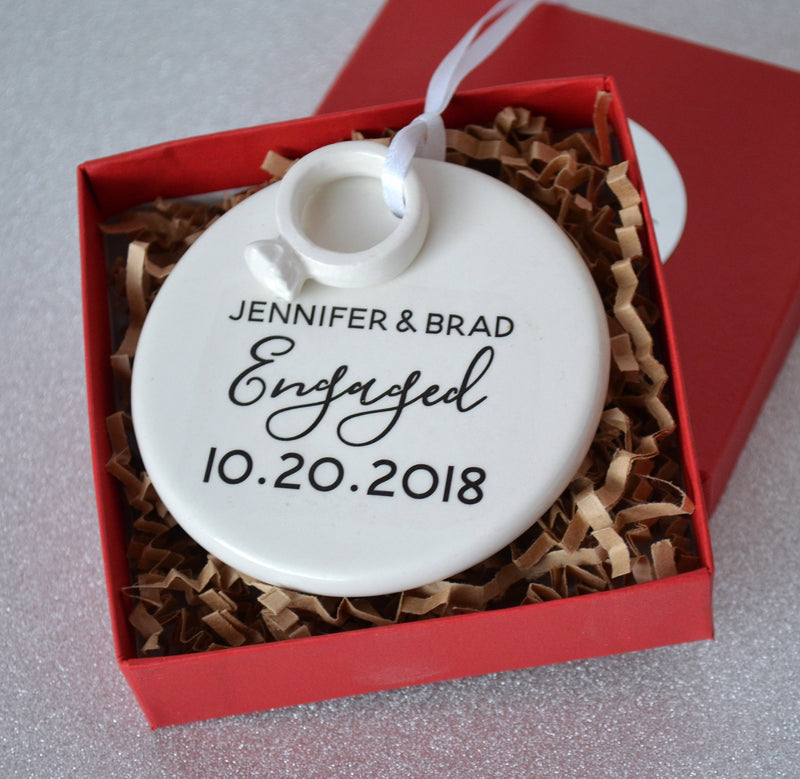 Engagement Ornament - Engagement Gift or Christmas Gift - With Names Date and Ring
