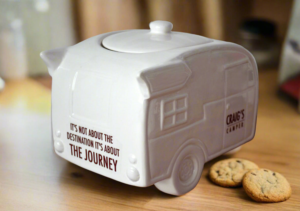 your text on ceramic, camper-shaped cookie jar