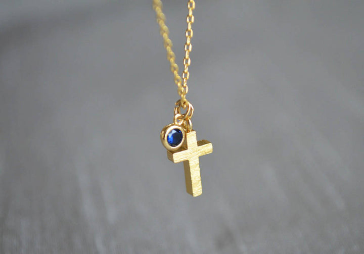 Gold Cross Necklace, Birthstone Necklace - Godparent or Godchild Gift