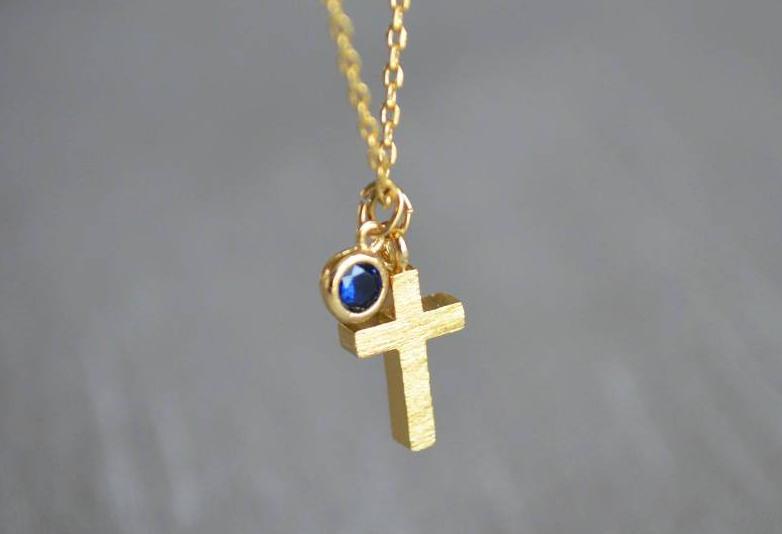 Gold Cross Necklace, Birthstone Necklace - Godparent or Godchild Gift