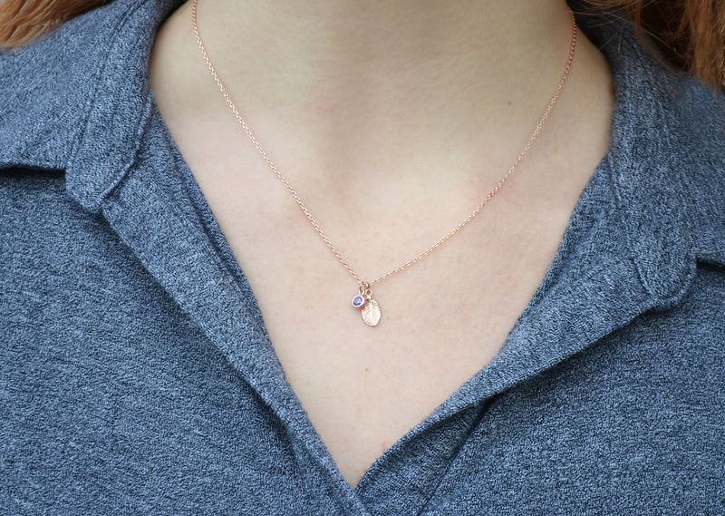 Rose Gold Personalized Necklace, Leaf Necklace, Necklace with Birthstone, Birthstone Necklace