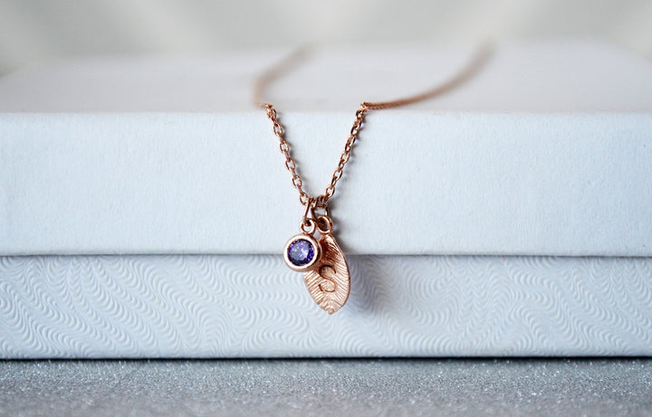 Rose Gold Personalized Necklace, Leaf Necklace, Necklace with Birthstone, Birthstone Necklace