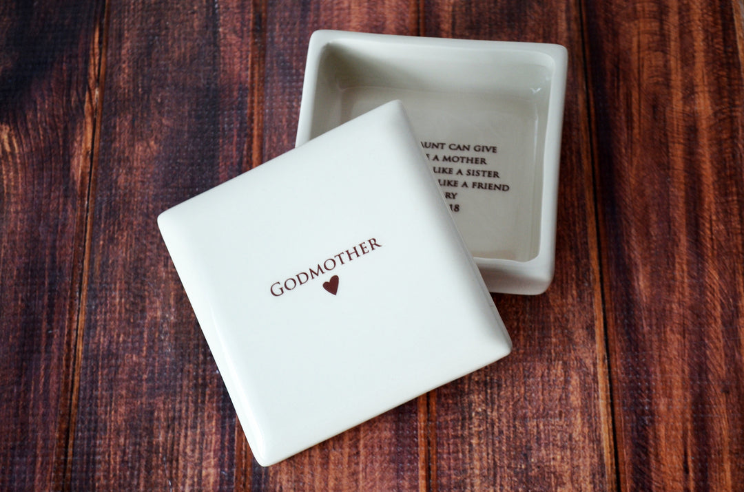 Godmother or Aunt Gift | Personalized Name and Date | Square Keepsake Box | Ceramic