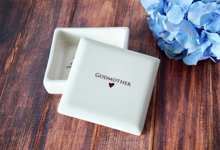 Godmother or Aunt Gift | Personalized Name and Date | Square Keepsake Box | Ceramic