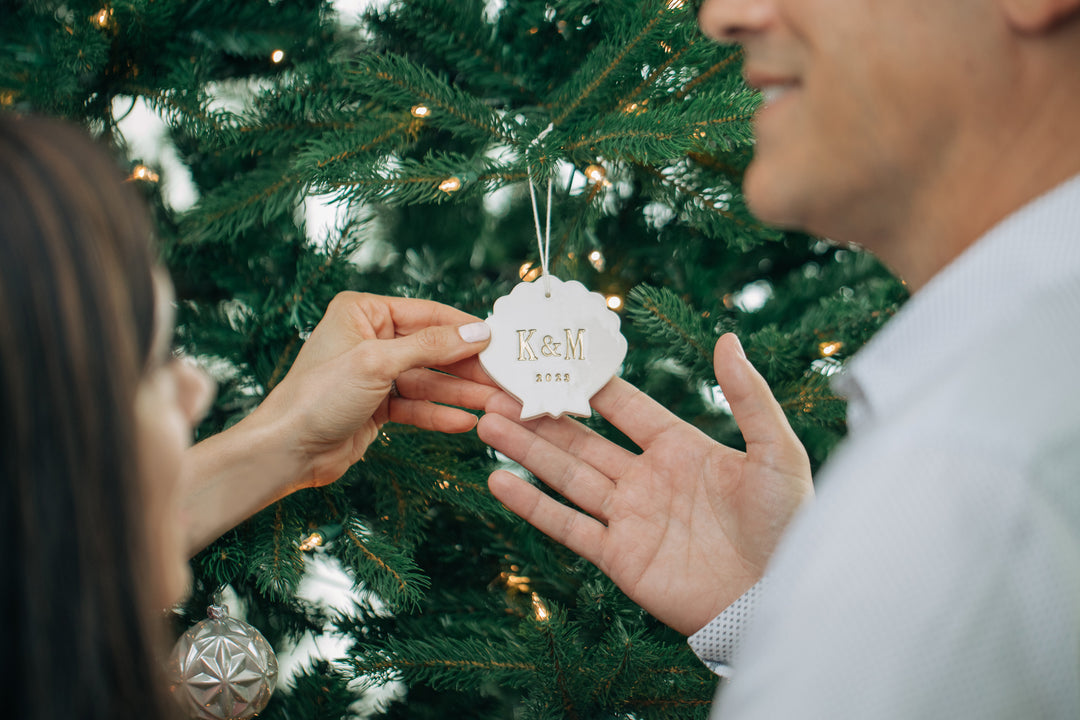 Personalized First Christmas Shell Ornament with Initials and Year