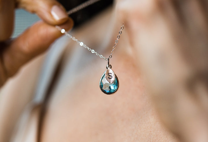 Aquamarine Necklace, March Teardrop Birthstone Necklace