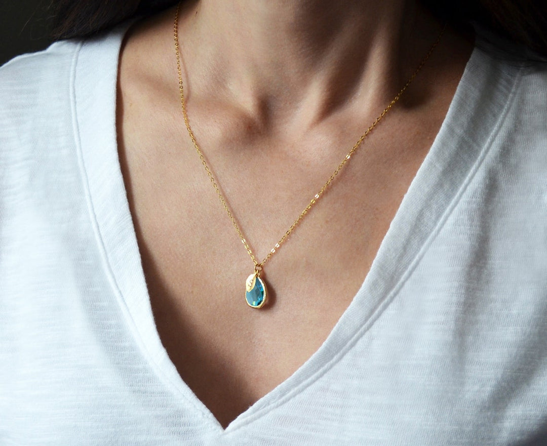 Aquamarine Necklace, March Teardrop Birthstone Necklace