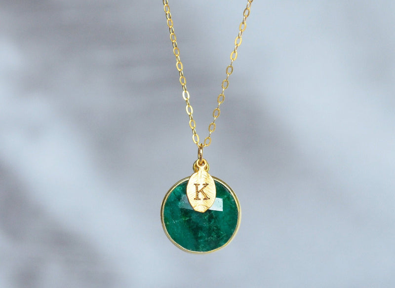 Emerald Necklace, May Birthstone Necklace, Sterling Silver or 18K Gold, Round Personalized Necklace, Bridesmaid Gift, Mom or Grandma Necklace