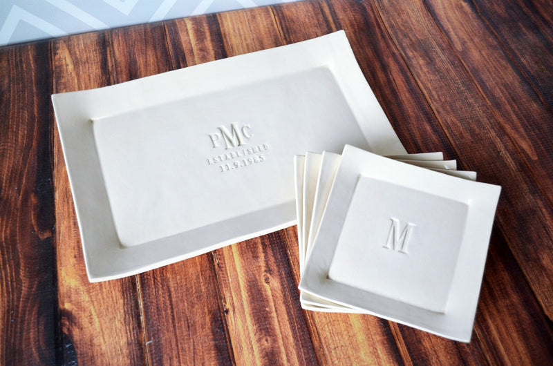 Personalized Wedding Gift - Rectangular Wedding Platter with Set of 4 Appetizer Plates