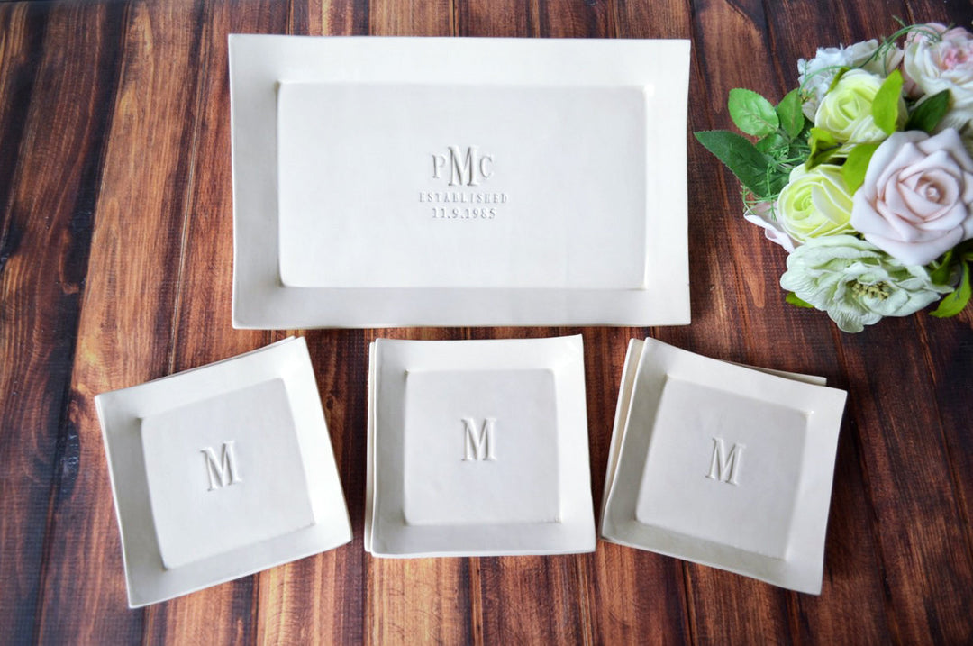 Personalized Wedding Gift - Rectangular Wedding Platter with Set of 6 Appetizer Plates