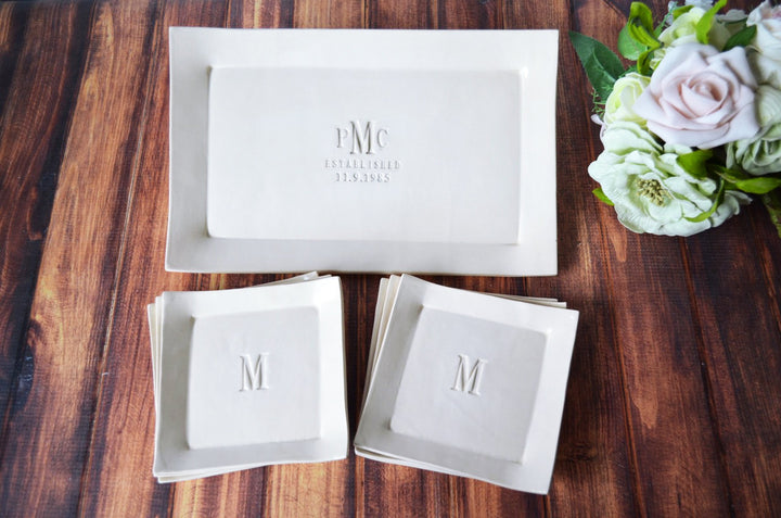 Personalized Wedding Gift - Rectangular Wedding Platter with Set of 6 Appetizer Plates