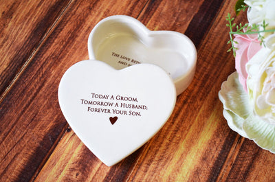 Unique Mother of the Groom Gift - Heart Shaped Keepsake Box - Today a Groom, Tomorrow a Husband, Forever Your Son