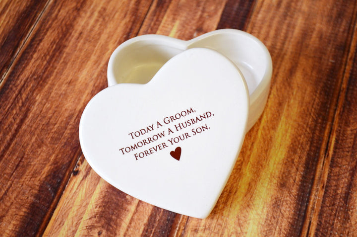 Unique Mother of the Groom Gift - Heart Shaped Keepsake Box - Today a Groom, Tomorrow a Husband, Forever Your Son