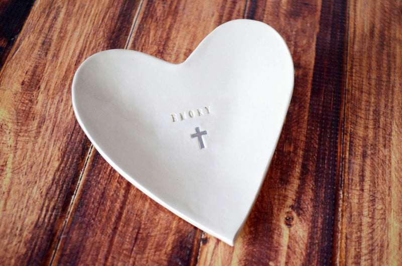 Baptism Gift or First Communion Gift - Personalized Small Heart Bowl with Name and Cross