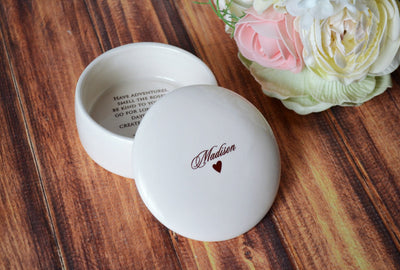 Personalized Baptism Gift or First Communion Gift - Round Keepsake Box with Script Font and Have Adventures Text