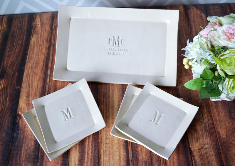 Personalized Wedding Gift - Rectangular Wedding Platter with Set of 4 Appetizer Plates