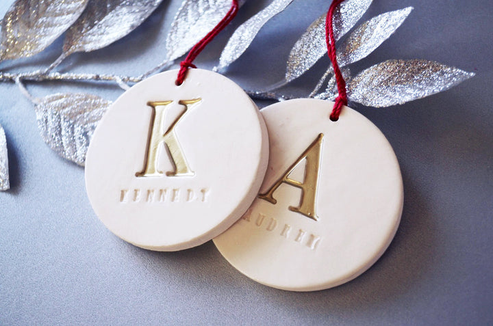 Set of 2 Customized Christmas Ornaments with Initial and Names, Available in Different Letter Colors