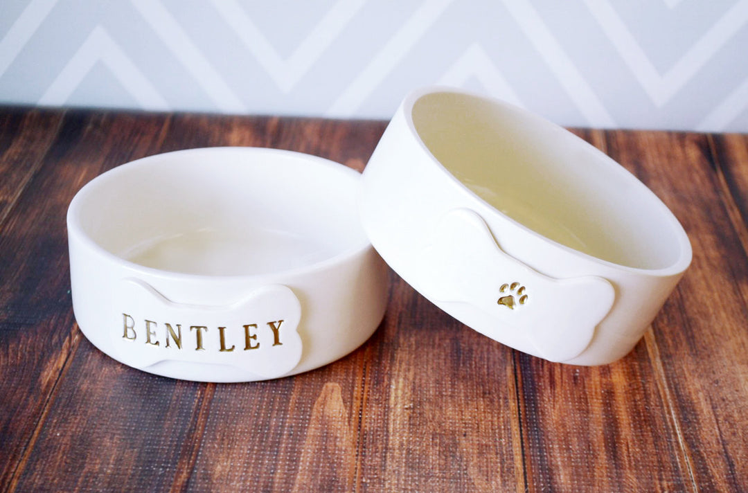 Personalized Dog Bowl - Small/Medium Size (6" dia.) - With Name and Paw Print - Ceramic Bowl