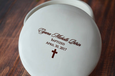 Baptism Gift or First Communion Gift - With Irish Blessing, Name & Date - Script Font - Round Keepsake Box