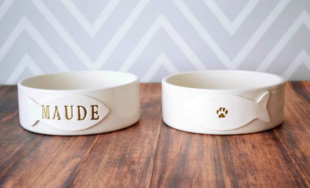 Personalized Cat Bowl - Small/Medium Size (6" dia.) - With Name and Paw Print - Ceramic