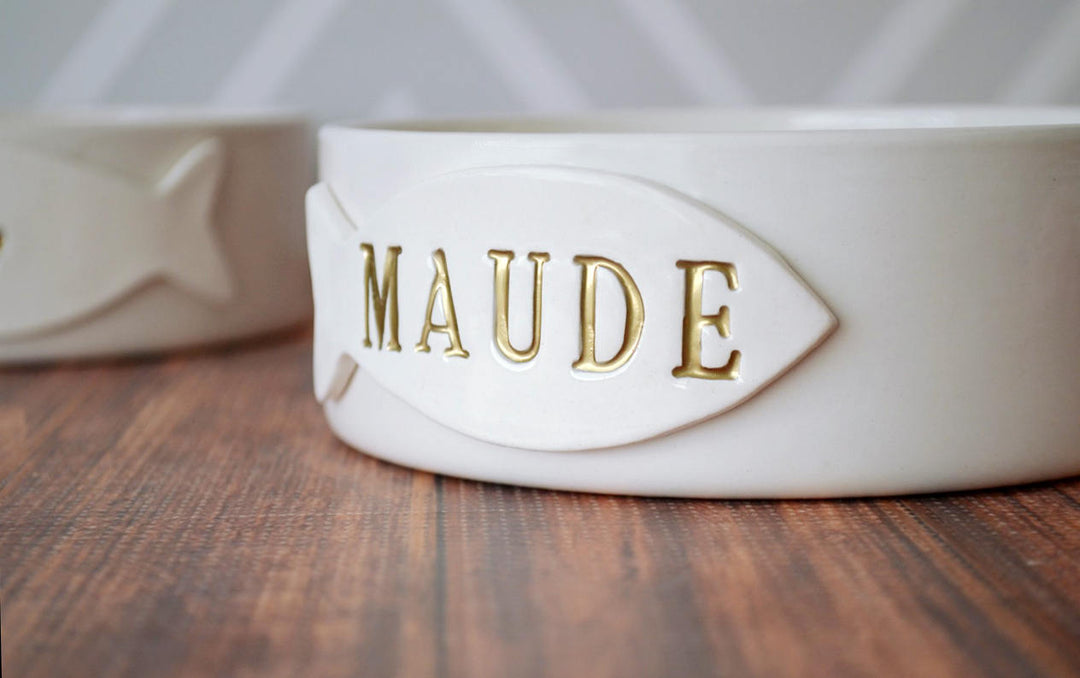 Personalized Cat Bowl - Small/Medium Size (6" dia.) - With Name and Paw Print - Ceramic