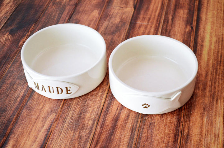 Personalized Cat Bowl - Small/Medium Size (6" dia.) - With Name and Paw Print - Ceramic