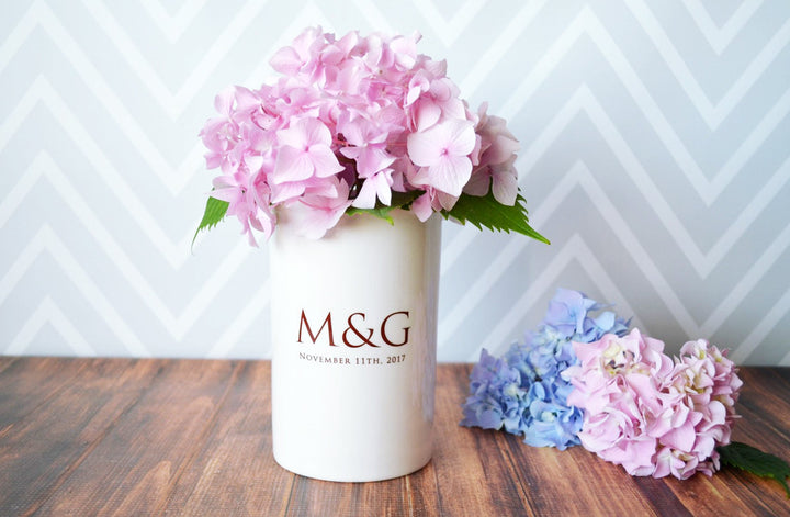 Wedding Gift or Anniversary Gift - Use as a Personalized Vase or Utensil Holder - With Initials and Wedding Date