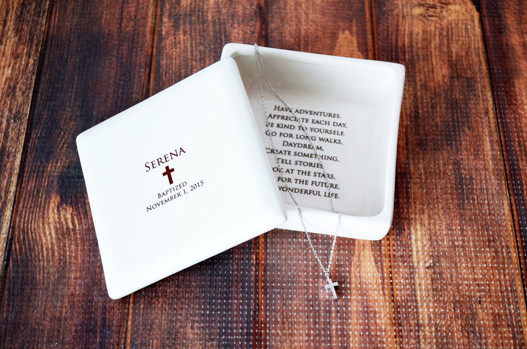 Baptism Gift,  Christening Gift, Confirmation Gift, First Communion Gift, Godchild Gift -Square Keepsake Box w/ Cross Necklace